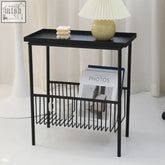 Black metal frame nova side table with tray top and wire mesh lower shelf for living rooms