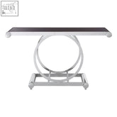 Modern chrome finished novara black glass console table with sleek black glass top and circular metal base