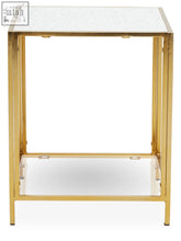 Gold frame novi glass side table with white textured terrazzo-effect insert and clear glass shelves