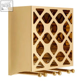 Novo 12 bottle gold finish wine rack with a gold finish metal lattice design and matching spherical finials