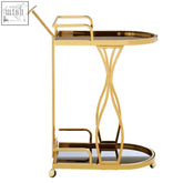 Novo 2 tier gold wavy design trolley with sleek modern oval shelves and elegant twisted metal legs bar cart