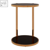 Novo gold two tier side table with warm gold metal frame and two circular black glass shelves for stylish storage