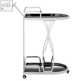 Novo 2 tier silver wavy design trolley with shiny chrome finish and black glass shelves is a sleek wavy design trolley