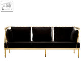 Black velvet novo 3 seat sofa with gold finish tapered arms and sleek metal frame perfect for living rooms