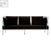 Black velvet novo 3 seat sofa with sleek chrome silver finish tapered arms and modern metal frame design