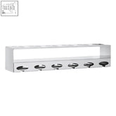 Novo 6 bottle silver finish wine rack with chrome rectangular wall-mounted coat rack and six sleek oval hooks