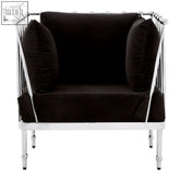 Black velvet novo chair with silver finish tapered arms and chrome frame featuring decorative spherical accents