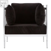 Black velvet novo chair with sleek silver lattice arms and chrome metal frame for modern style seating