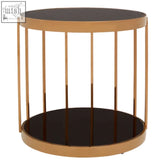 Novo rose gold cage side table with gold-finished metal frame and black glass top and bottom shelves