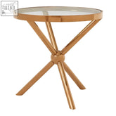 Novo round rose gold side table with metal gold finish clear glass top and x shape intersecting legs