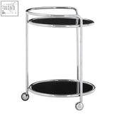 Novo round silver finish trolley with chrome frame black glass shelves and round silver handles