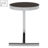 Novo side table with t-shaped base featuring chrome finish and black tempered glass top for modern spaces