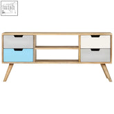 Modern mango wood media console with two-tone light gray and sky blue drawers and black handles 110cm nysa mango wood