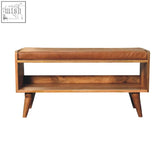 Oak-ish bench with tan leather seatpad and chestnut wood featuring a leather seat pad and lower shelf