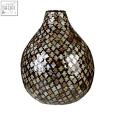 Occo mosaic bottle vase with teardrop shape and interlocking quatrefoils in metallic bronze silver and copper tones