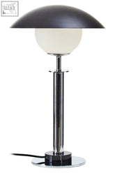 Octavia silver finish metal table lamp with black dome shade chrome base and frosted glass globe in poul henningsen style