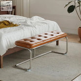 Brown leather tufted odelette vintage bench with sleek chrome metal frame perfect for stylish seating