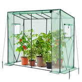 Green mesh greenhouse with black metal frame and roll-up zippered door for tomato greenhouse outdoor use