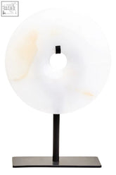 Oleena extra small round onyx disc sculpture in translucent white and beige marble on black metal stand