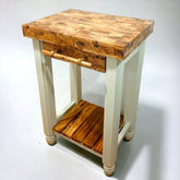 Rustic olive wood butcher block cart with natural grain finish cream painted legs and lower shelf for kitchen use