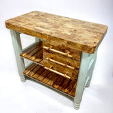 Rustic olive wood butcher block kitchen island table with mosaic top three drawers and light gray legs