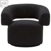 Black boucle curved swivel armchair with plush rounded design and soft textured fabric finish perfect for cozy seating