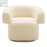 Cream-colored ivory boucle curved swivel armchair with plush faux fur and rounded arms on a circular base