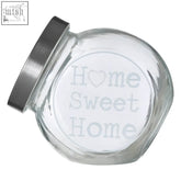 Clear glass storage jar with metal lid and etched home sweet home text perfect for kitchen storage