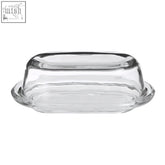 Olivia clear glass butter dish with matching lid features smooth rounded edges and simple elegant clear glass design