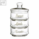 Olivia stackable 3 tier glass storage jar set with clear glass jars labeled sweet little treats with lids