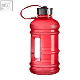Olly red 1000ml sports drinking bottle made of translucent plastic with silver cap and red carrying loop