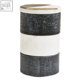 Black and white marble striped cylindrical container with gold trimmed lid from omari marble stacking trinket pots