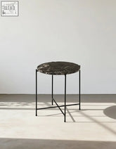 Black marble top omojuwa round side table with slim black metal legs and minimalist cross brace design offer financing available