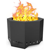 Black hexagonal iron wood burning fire pit with vibrant flames and removable ash pan for outdoor backyard use