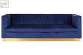 Opal 3 seat deep blue sofa in deep navy velvet with vertical pleats and a gold tone base blue sofa perfect for living rooms