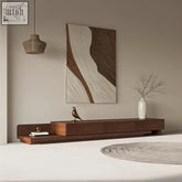 Modern minimalist opaline tv stand made of dark brown wood with clean geometric lines for media storage