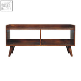 Mid-century modern open-top chestnut chest of drawers with tapered legs and open shelves made of solid mango wood