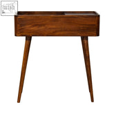 A sleek chestnut console chest in dark brown solid mango wood with a rectangular top and tapered legs