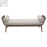 Opus rope woven longue bench with light gray cushions and dark wood frame featuring a modern woven rattan design