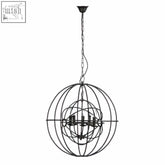 Black wrought iron orbital 5 arm round pendant light with intricate globe frame and candle-style lights