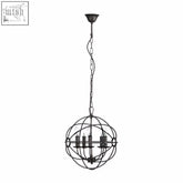 Black wrought iron spherical orbital 5 arm small pendant light with five candle-style bulbs