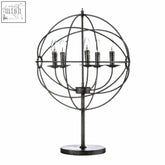 Black metal orb 5 arm table lamp with six candle-style bulbs featuring a robust metal frame for stylish lighting