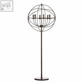 Black metal orbital 6 arm floor lamp with six candle-style bulbs in a spherical frame for stylish lighting