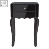 Black glossy nightstand with two drawers and curved legs featuring black mirrored glass for a sleek look