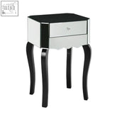 Orchid 1 drawer mirrored glass side table in black and silver with curved legs and a drawer mirrored glass front
