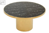 A sleek oria black marble coffee table with a round black marble effect top and polished gold base
