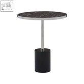 Oria black marble end table with black marble top, sleek stainless steel pedestal, and matte black cylindrical base