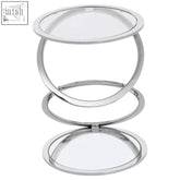 Oria clear glass end table with three-tiered mirrored glass tops and polished chrome circular frames in a modern style