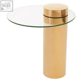 Oria clear glass rose gold base side table with gold-toned cylindrical frame and matching circular lid