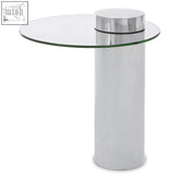 Modern oria clear glass silver side table with chrome-finished cylindrical base and clear glass top for stylish living rooms